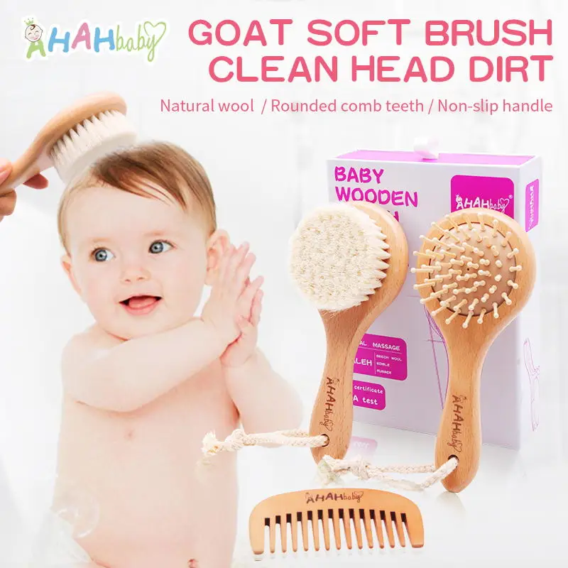 Baby Hair Brush Personalized Name Goat Hair Brush and Comb Set for Newborn Baby Brush Wood Hairbrush Soft Bath Brush 3ps/ Set