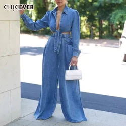 CHICEVER Sexy Denim Two Piece Set for Women Lapel Long Sleeeve Short Top High Waist Floor Length Pant Female Casual Suit Female