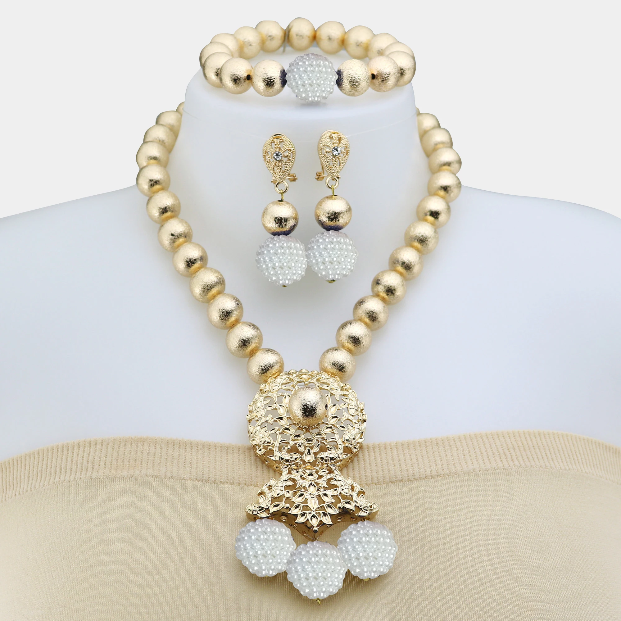 

African Beads Jewelry Set Copper Jewelry Set Copper Necklace Earrings Bracelet Nigerian Wedding Jewelery Sets For Party