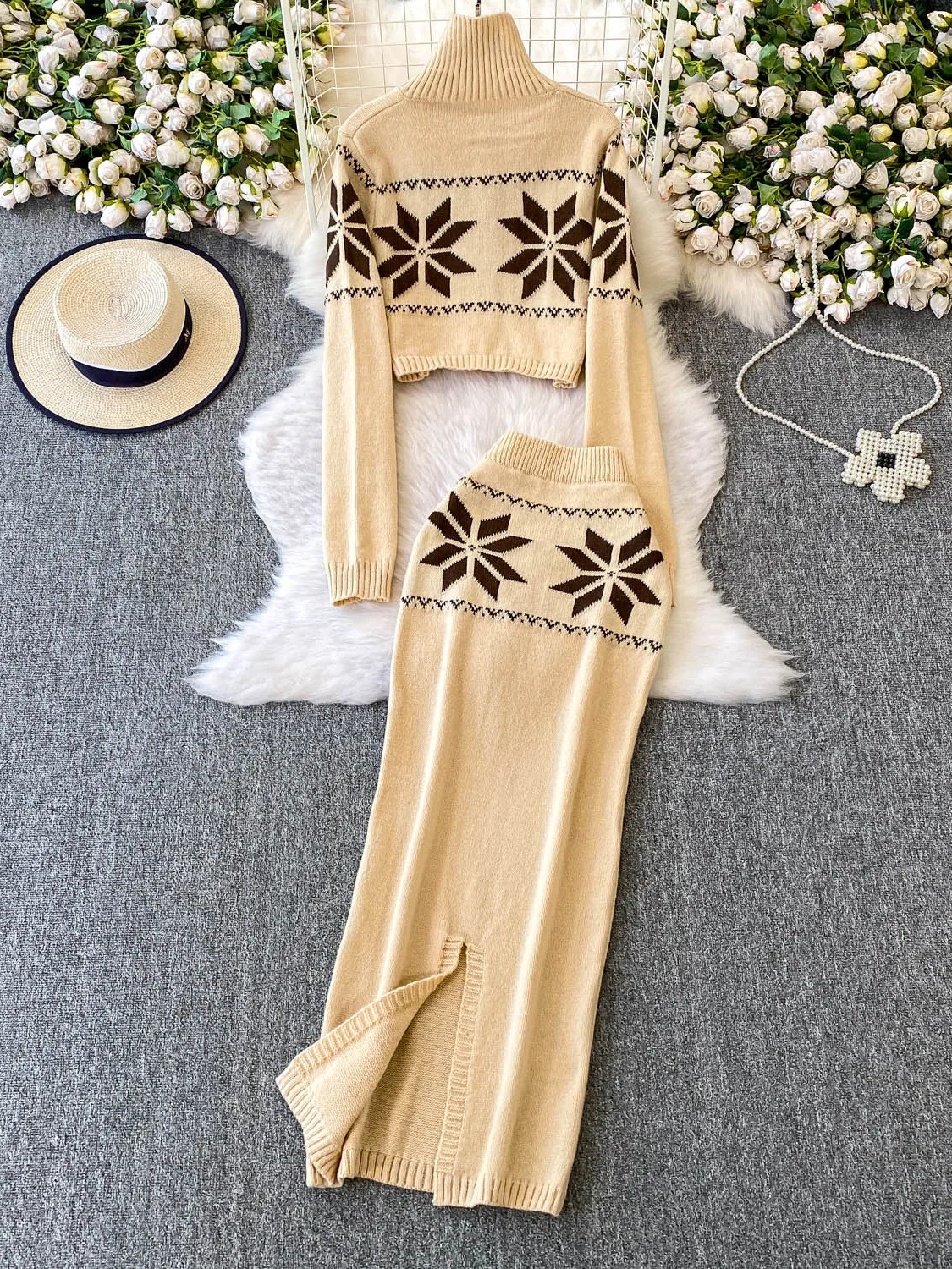 Ladies Faionable Winter Outfit Embroidered Knitted High Waist Slim Fit Split f Skirt Zipper Open Cardigan Ele Sle - Image 4