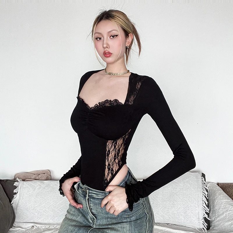 Lace Patchwork Camisole Long Sleeved Jumpsuit for Women with Abstinence and Sexy Base Coat