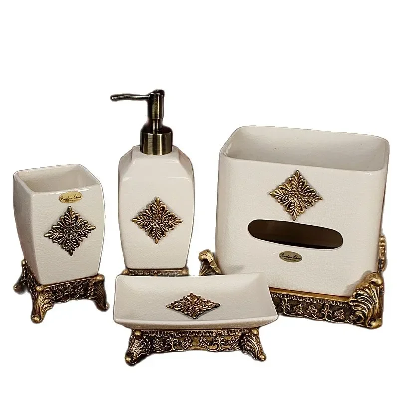 

European Bathroom Set 5pcs Ice Crack Ceramic Sanitary Bath Set of 5 Bathroom Toothbrush Cup Mouthwash Cup Set of 4