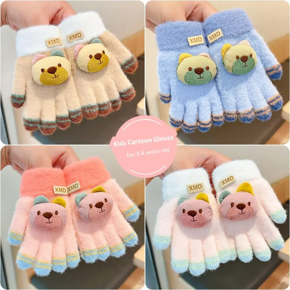 Cartoon Bear Kids Knitted Gloves Plush Winter Warm Windproof Gloves Outdoor Sports Thickened Children Full Fingers Gloves