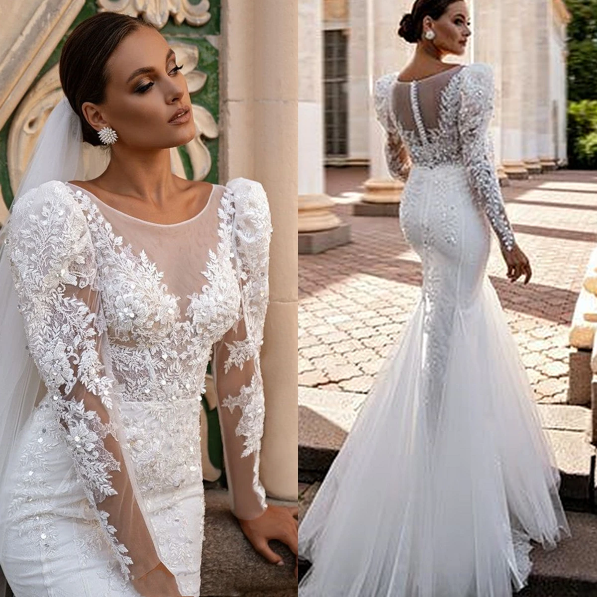 

Elegant Long Sleeves Mermaid Wedding Dresses Lace Appliques Customized Bridal Gowns Beaded Ivory Tulle Robe de mariée 2025