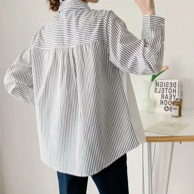 Women's Clothing Korean Fashion Embroidery Striped Patchwork Shirt Simple Casual Lapel Loose Blouse Female Long Sleeve Chic Tops