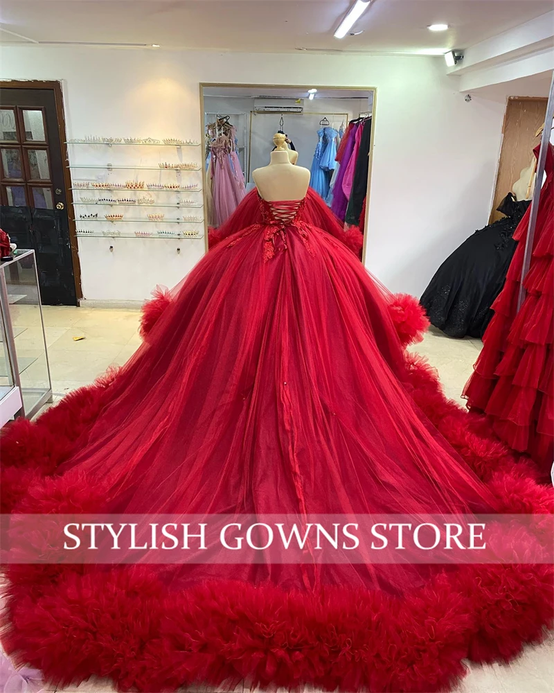 Red Strapless Quinceanera Dresses Applique Ball Gown Beaded Prom Graduation Gowns Appliques Ruffles Vestidos De 15 Año