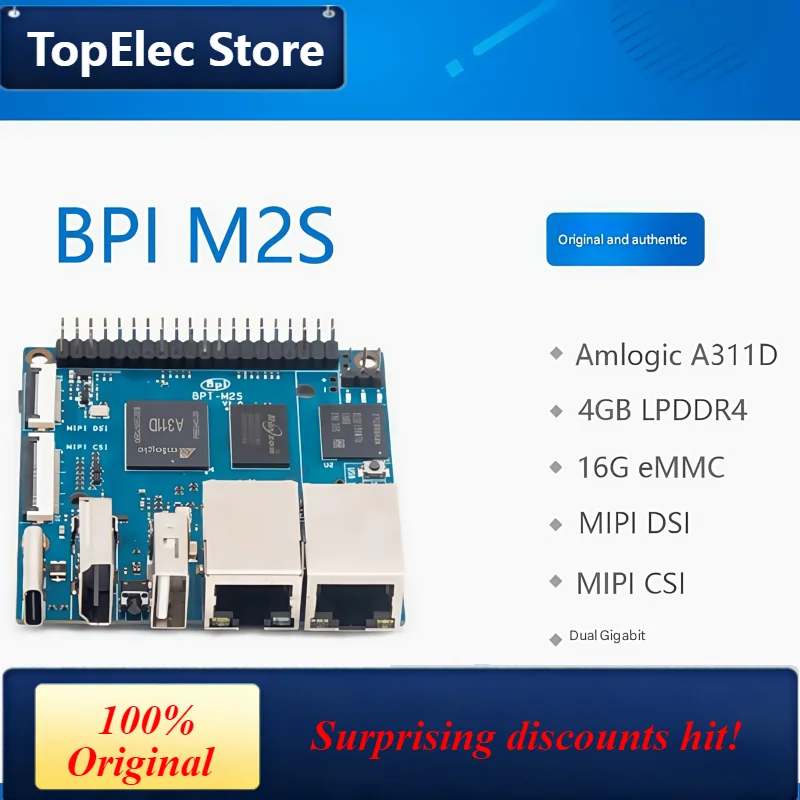 TopElec Banana Pi BPI-M2S adopts Amlogic A311D/S922x chip design, supports 2 Gigabit Ethernet ports, 4GB RAM, 16GB eMMC