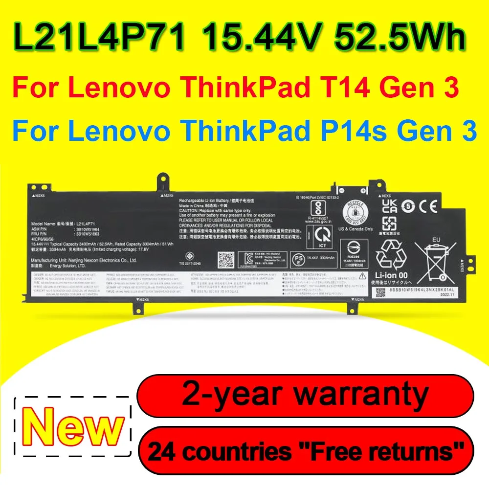 L21L4P71 Laptop Battery For Lenovo ThinkPad T14 P14S Gen 3 21AH  21AJM 21AH 21AJ SB10W51964 SB10W51965 15.44V 52.5Wh 3400mAh