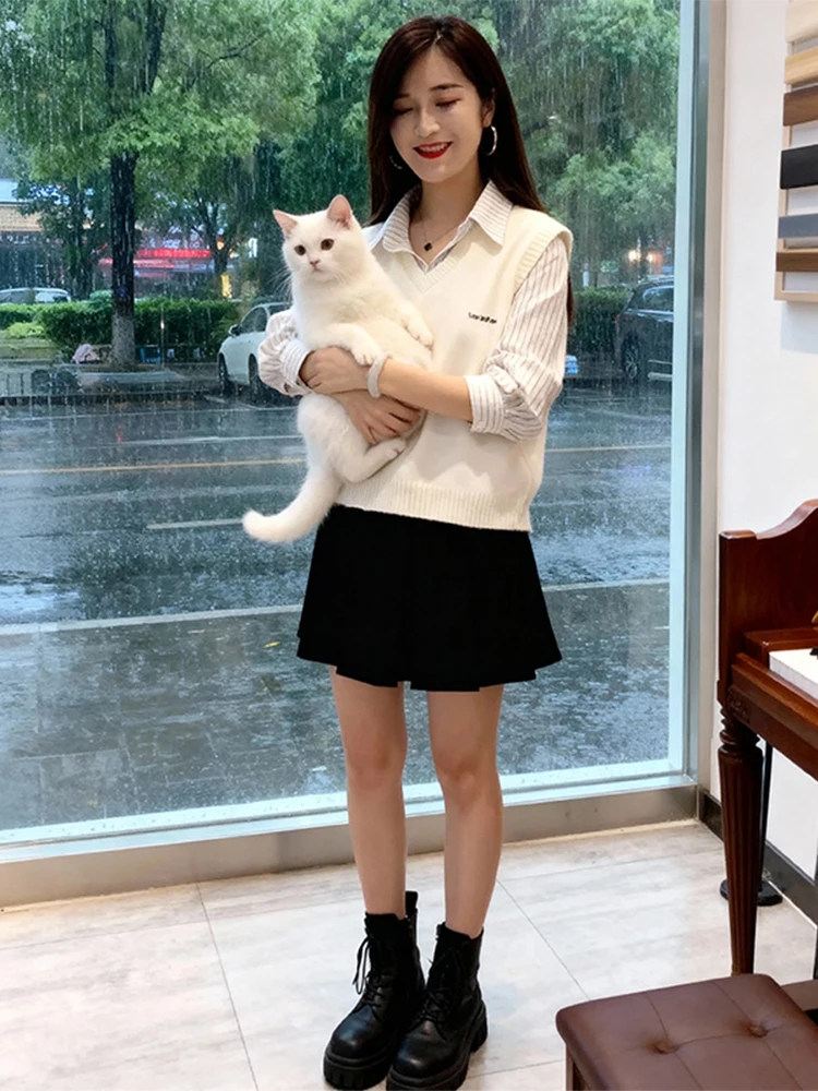 

Модный вязаный свитер Laid-ba с эффектом двухслойности, свободный крой, стройнящий силуэт, для повседневной носки осенью и на работу