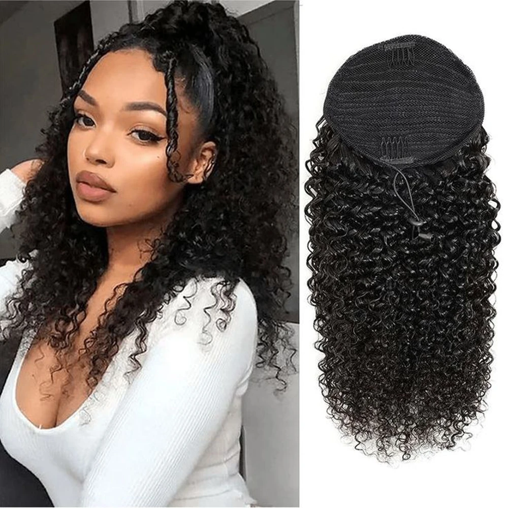 Afro Kinky Curly Drawstring Ponytail Human Hair Natural Ponytail Extension Wave 12A Brazilian Human Hair Ponytail Natural Color