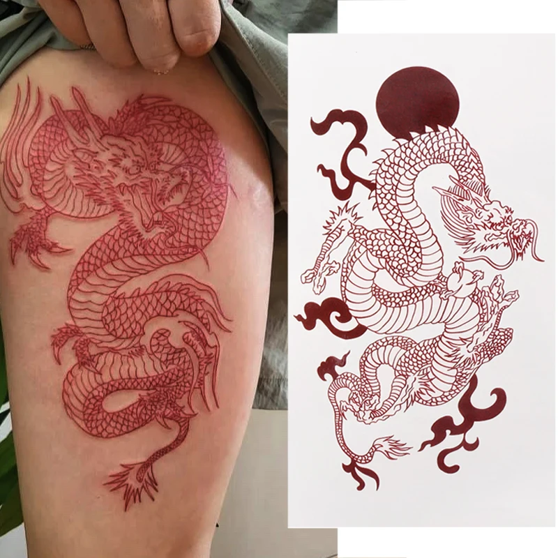 Waterproof Temporary Tattoo Stickers Big Size Red Dragon Arm Legs Body Art Fake Tatto Long Lasting Men Women Tarragon Decals 1PC