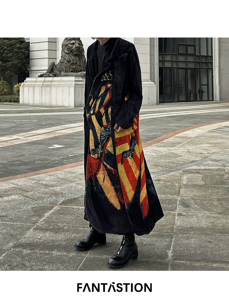 

FANTASTION Original design Velvet Circus-print pattern Long Over the knee jacket coat Overcoat Double-layer jackets trench coats