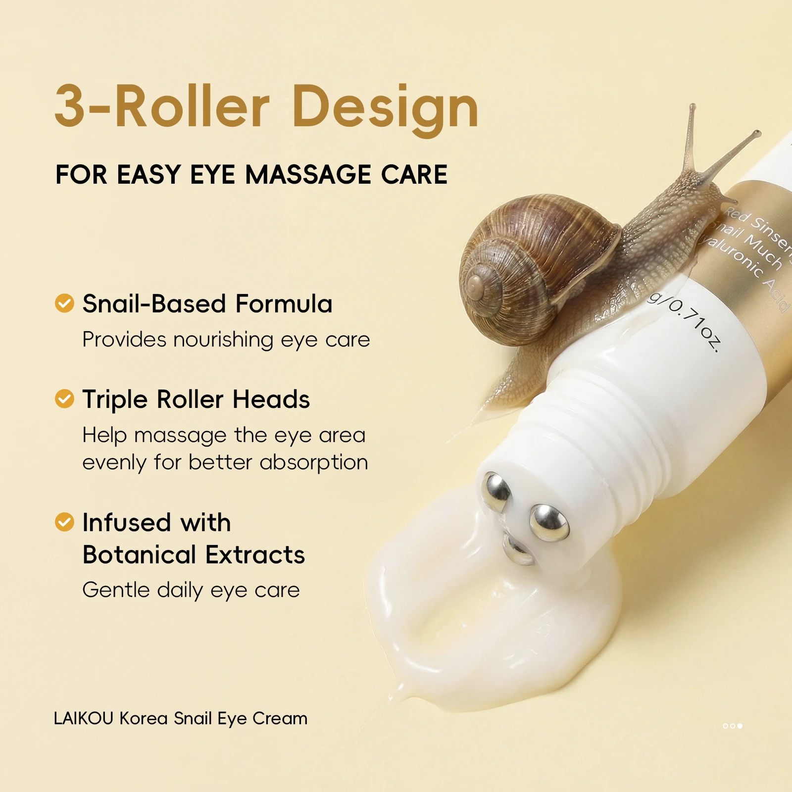 LAIKOU Korea Snail Eye Cream 20g Triple Roller Deep Hydration Easy Absorb Cooling Massage Non-greasy Eye Care