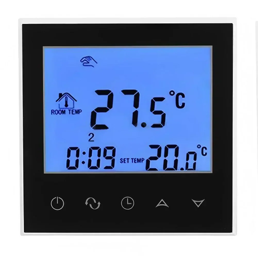 16A Electric Heating Thermostat with Programmable Weekly Control and Dual Temperature Display on Large LCD Touchscreen Interface