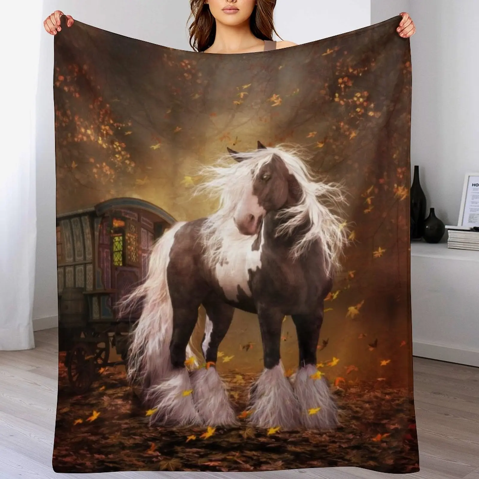 Gypsy Gold - Gypsy Vanner horse Throw Blanket Travel Size Cozy Blanket for Plane Train