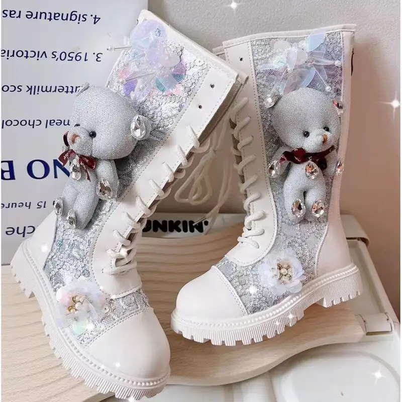 Autumn and Winter New Girls' High Sleeve Boots 2024 Children's Plush Long Boots Girls' Cartoon Sequin Crystal Leather Boots