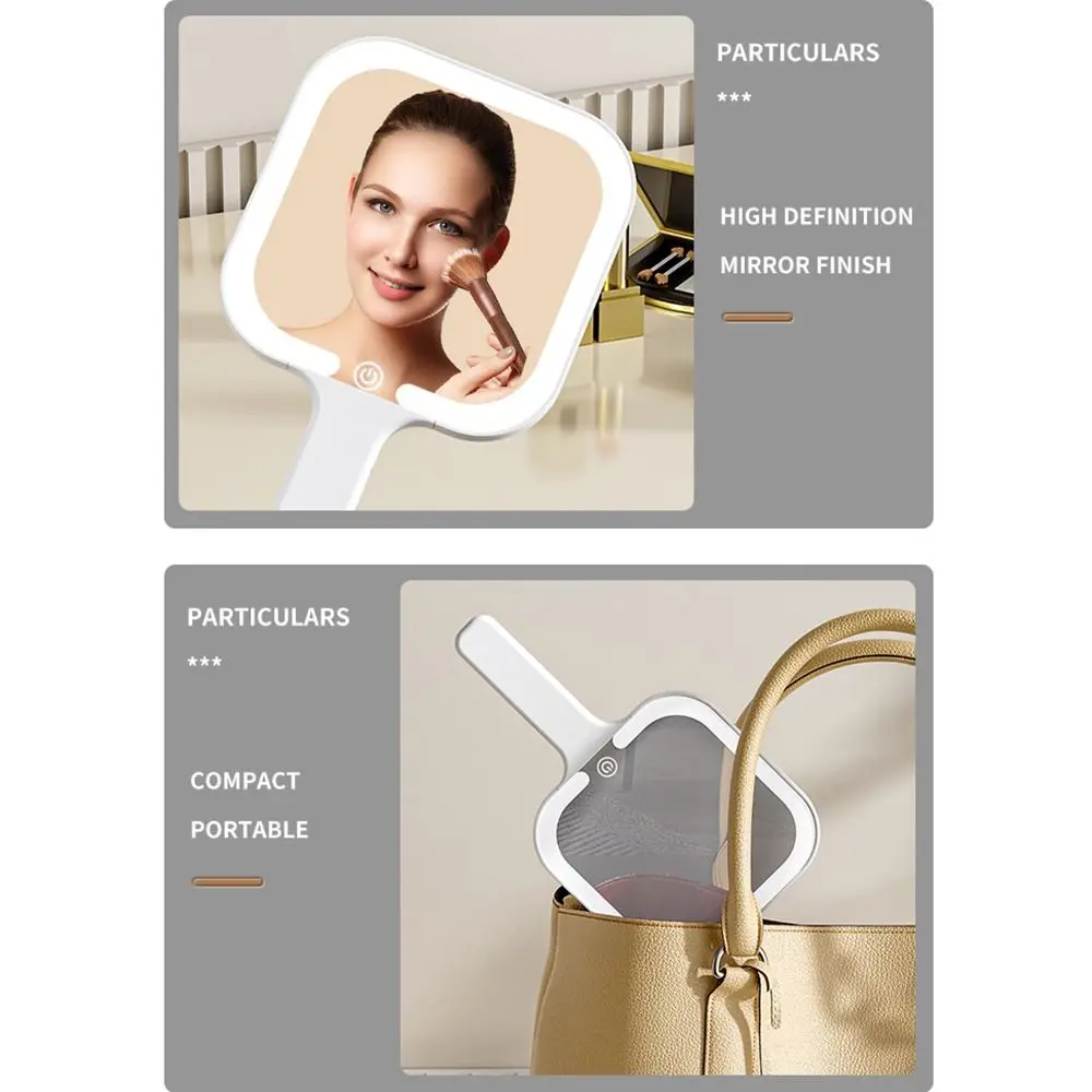 Fill Light LED Makeup Mirror Square/Round Hand-held Lighted Hand Mirror 3 Color Dimmable Lights Adjustable Brightness