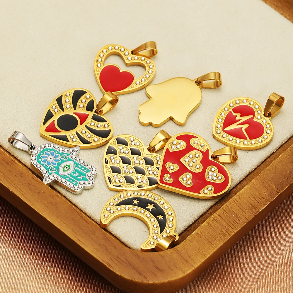 4 Stück Edelstahl-Emaille-Herz-Hamsa-Hand-Anhänger mit Zirkonia für DIY-Schmuckherstellung von Halsketten, Ohrringen und Armbändern – Detail 5