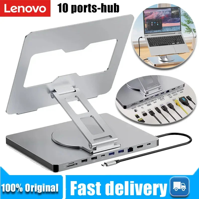 

Lenovo Aluminum ipad Holder 10 in 1 docking C hub 4K 60Hz Type C Adapter USB3.0 5Gbps 100W PD Charger For Laptop desktop