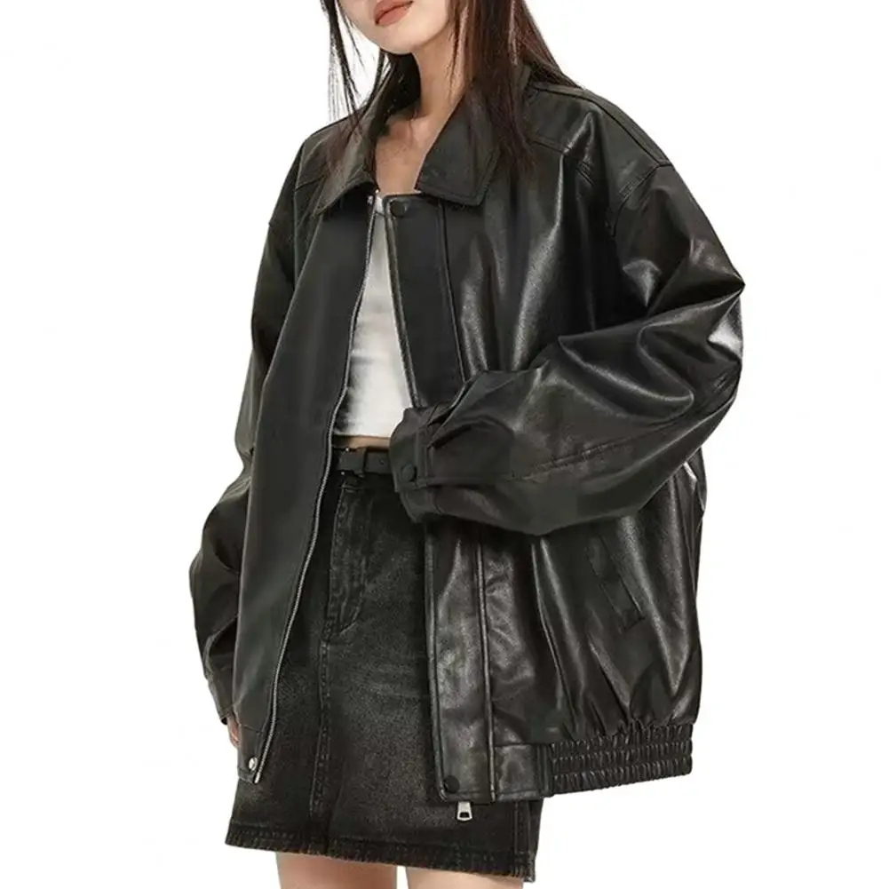 Women Faux Leather Jacket Vintage American Style Women\'s Faux Leather Jacket Loose Fit Long Sleeves Zipper Pocket Coats