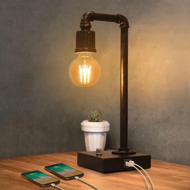 

Промышленная настольная лампа, винтажная прикроватная лампа с USB C и USB A-портами для зарядки, офисная лампа в стиле стимпанк с регулируемой яркостью, металлическая труба Ediso