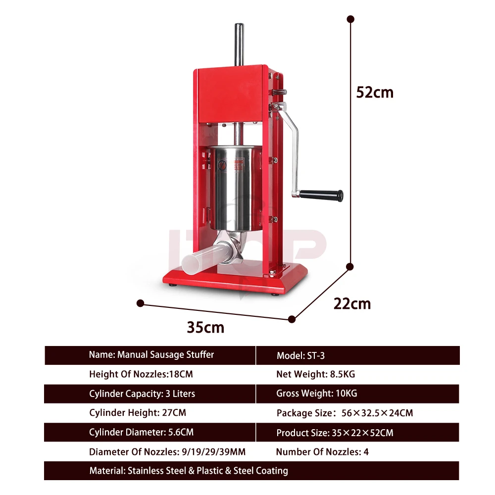 GZZT 3L Stainless Steel Sausage Stuffer Manual Meat Fillier with 4 Nozzles for Delicate Sausage Making Manual Meat Processor