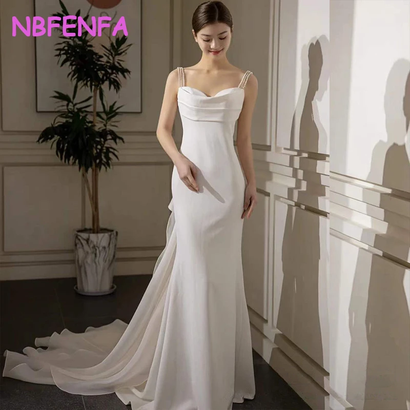 

French Strap Light Wedding Dresses Bride Simple Atmospheric Satin Backless Fishtail Wedding Gowns Trailing Dress Vestidos