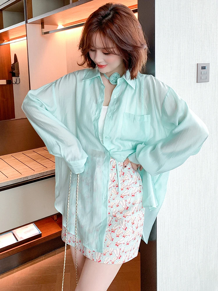 

MIUCO Fre Mint Wave: Женская рубашка ручной работы с цветочным бантом, большого размера, для офиса, свободного кроя, с длинными рукавами, на пуговицах