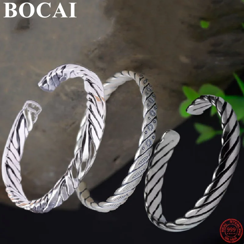 BOCAI S999 Sterling Silver Bracelets Fish Totem Weaven Twist Opening Solide Bangle Argentum Fashion Charm Jewelry for Men Women