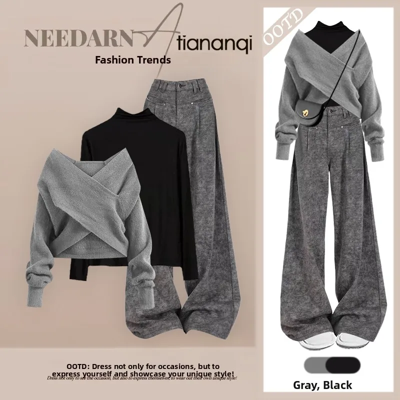 

Корейский женский вязаный свитер с воротником-стойкой и винтажные широкие брюки: комплект из двух предметов, модный дизайн, осенняя одежда