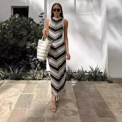 Chic Summer Knitted Tassel Striped Beach Dress Women Elegant Sleeveless Long Dresses Slim O Neck Boho Holiday Vacation Outfits