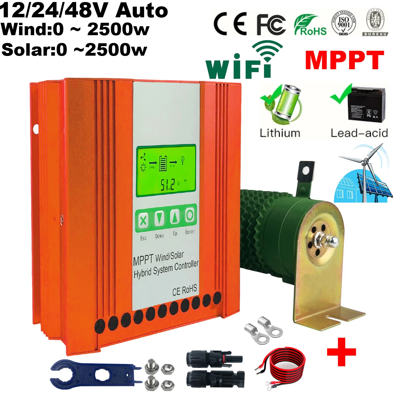 5000W MPPT Wind Solar Hybrid Booster Charge Controller 12V 24V 48V Dump Load Compatible with Lithium Lifepo4 Lead-acid Battery