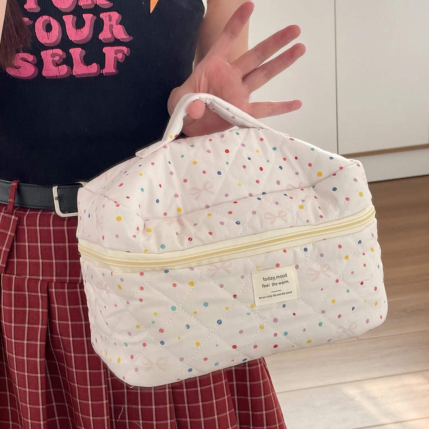 Polka Dot Bow Portable Large Capacity Fresh Style Storage Bag Toiletry Bag Makeup Bag High Aesthetic Value