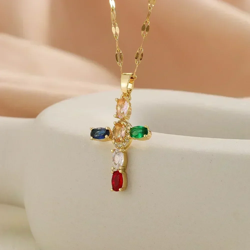 High-End European And American Fashion, Simple And Versatile Colorful Zircon Christmas Cross Series Necklaces For Men And Women