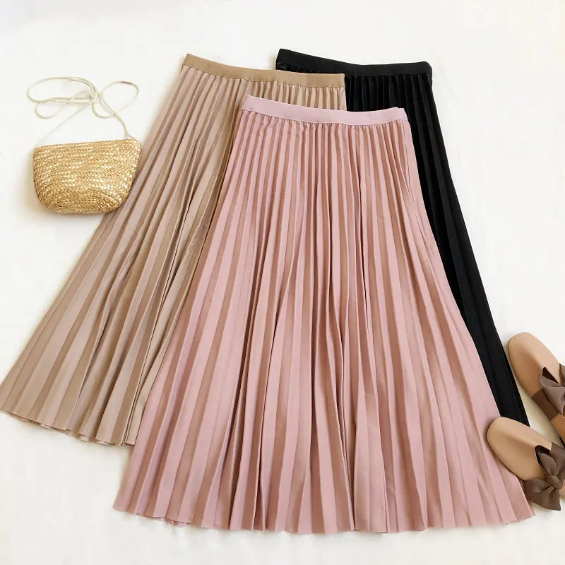 2026 New Korean Spring Autumn Women Casual Pleated Skirts Elastic High Waist Solid A-Line Skirt Female Large Hem Long Skirt Saia