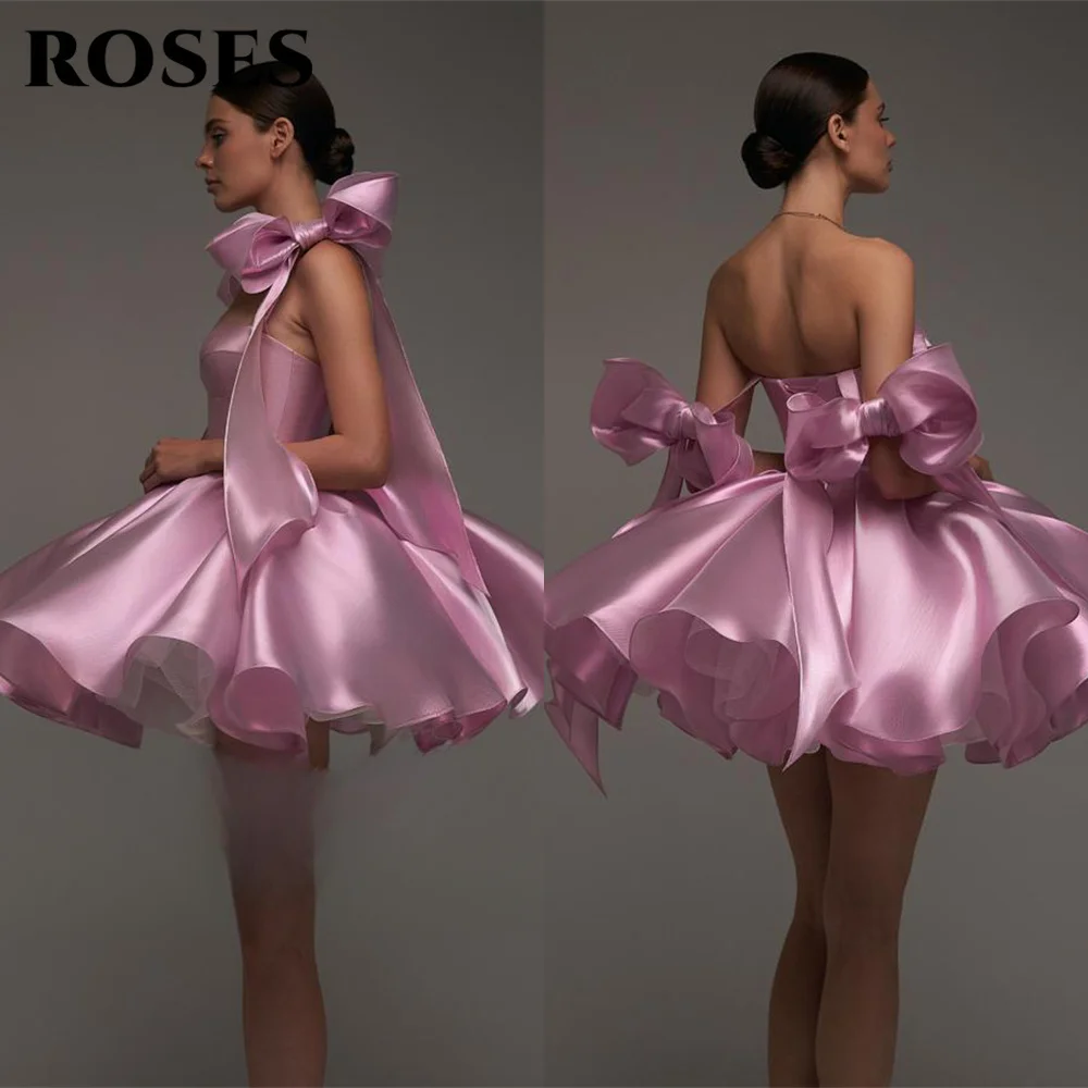 

ROSES Pink Chic Evening Dresses Sweetheart Satin Short Dress Prom Dresses with Voluminous Skirt and Bows robe de bal Customized