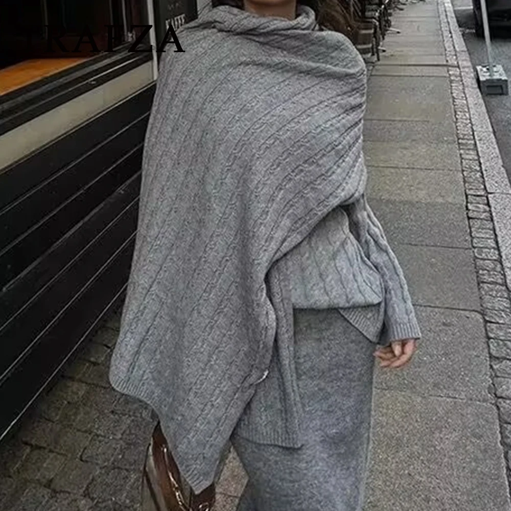 TRAFZA Mode 2024 Solide Grau Lange Hülse Lose Pullover Übergroßen Schal Chic Luxus Schal O Hals Elegante Dame Herbst Pullover