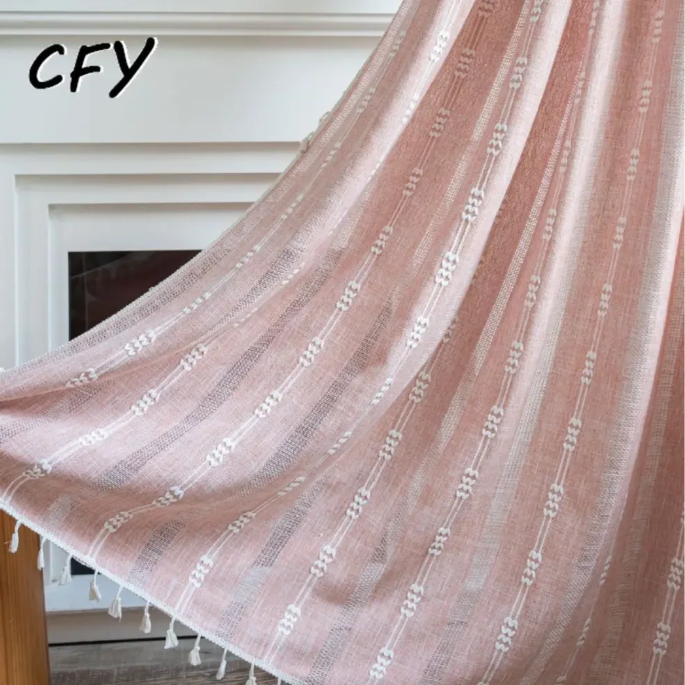 

Cotton Linen Pink Hollow Out Striped Window Curtain Semi-shading Drapes for Living Room Thickening Bedroom Kitchen Door Drapes