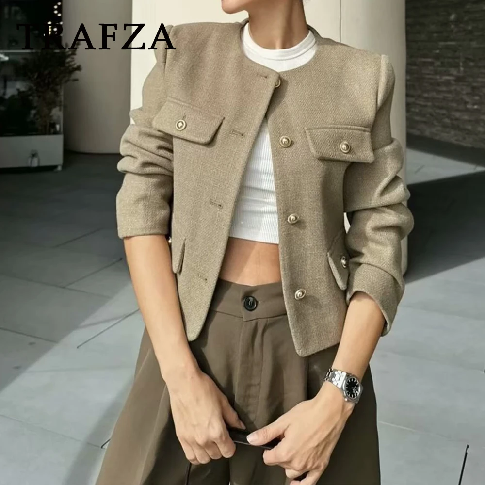 TRAFZA 2023 Autumn Winter Women Tweed Buttons Jackets Solid O Neck Single Breasted Coats Women\'s Vintage Clothes Korean Stylish