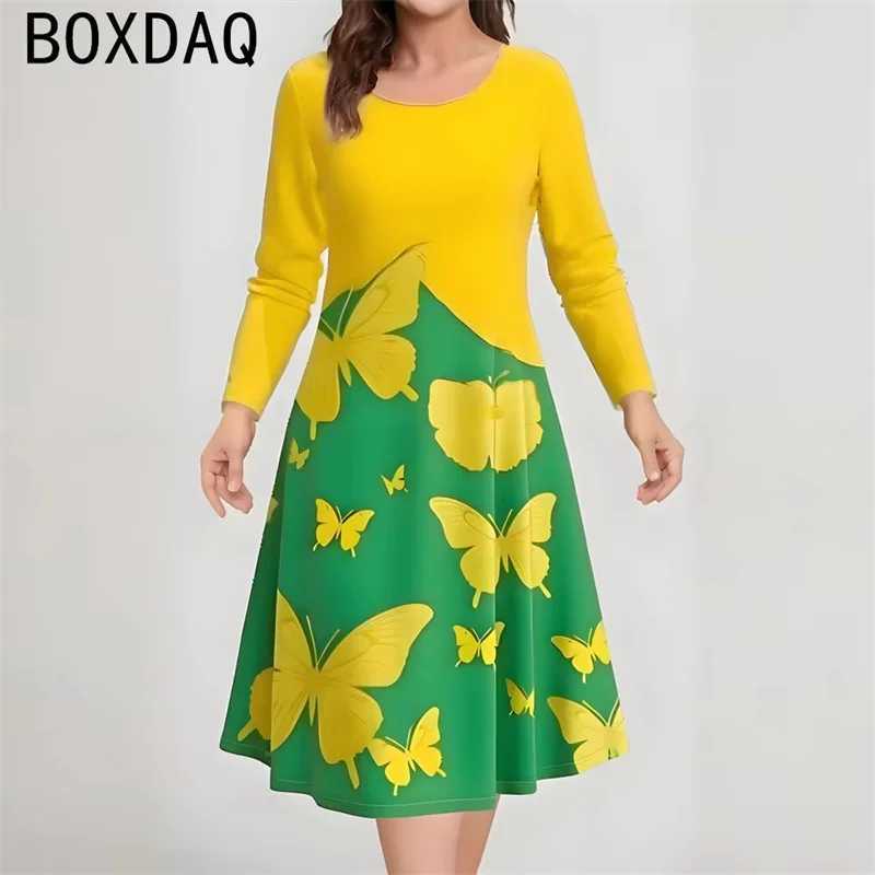 2025 herbst Neue frauen Kleid Lange Ärmeln Rundhals Casual A-line Lose Kleid 3D Vintage Blumen Kleid Vestidos De mujer