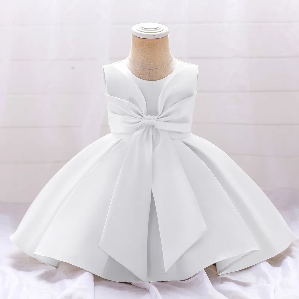 Toddler Satin Girls Dress White Party Pleated Large Bow 1st Birthday Princess Dresses for Girl Baptism Prom Wedding Kids Clothes