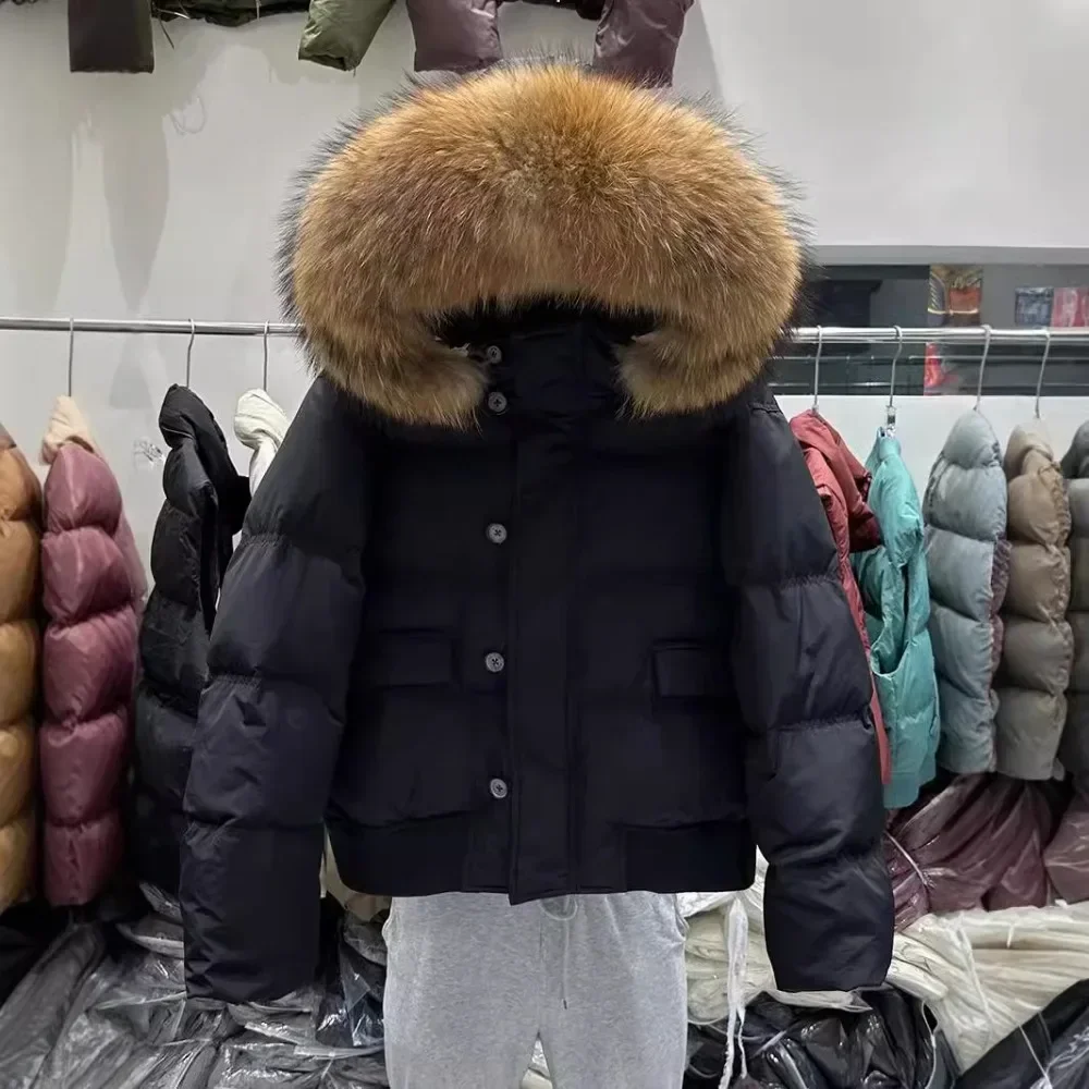 2025 New Winter White Duck Down Jacket Women Real Raccoon  Collar Coat Female Short Warm Real  Down Coat Zipper Button