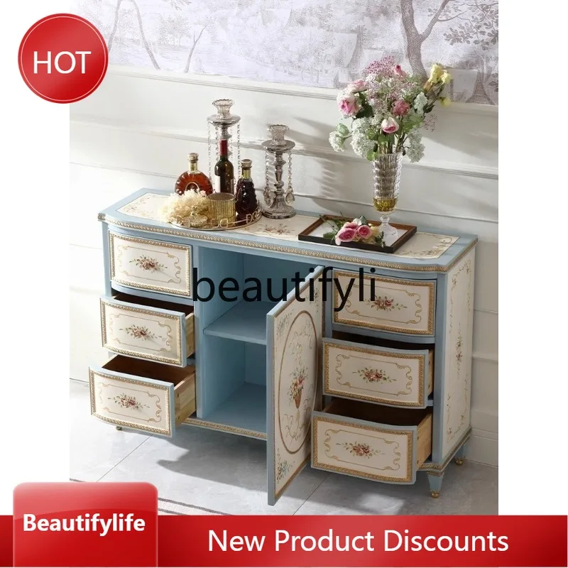 

07 French Retro Solid Wood Painted Entryway Cabinet Decorative Storage Cabinet Multifunctional Sideboard