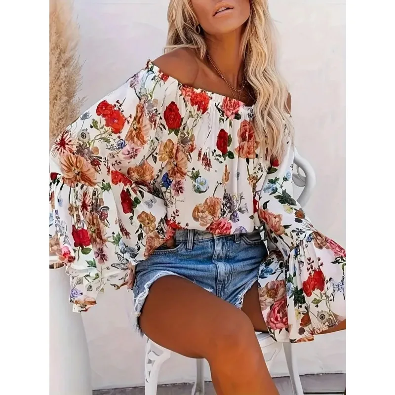 بالإضافة إلى حجم المرأة عارضة قميص قبالة الكتف أزياء مطبوعة قميص عطلة حزب المرأة قميص طويل الأكمام