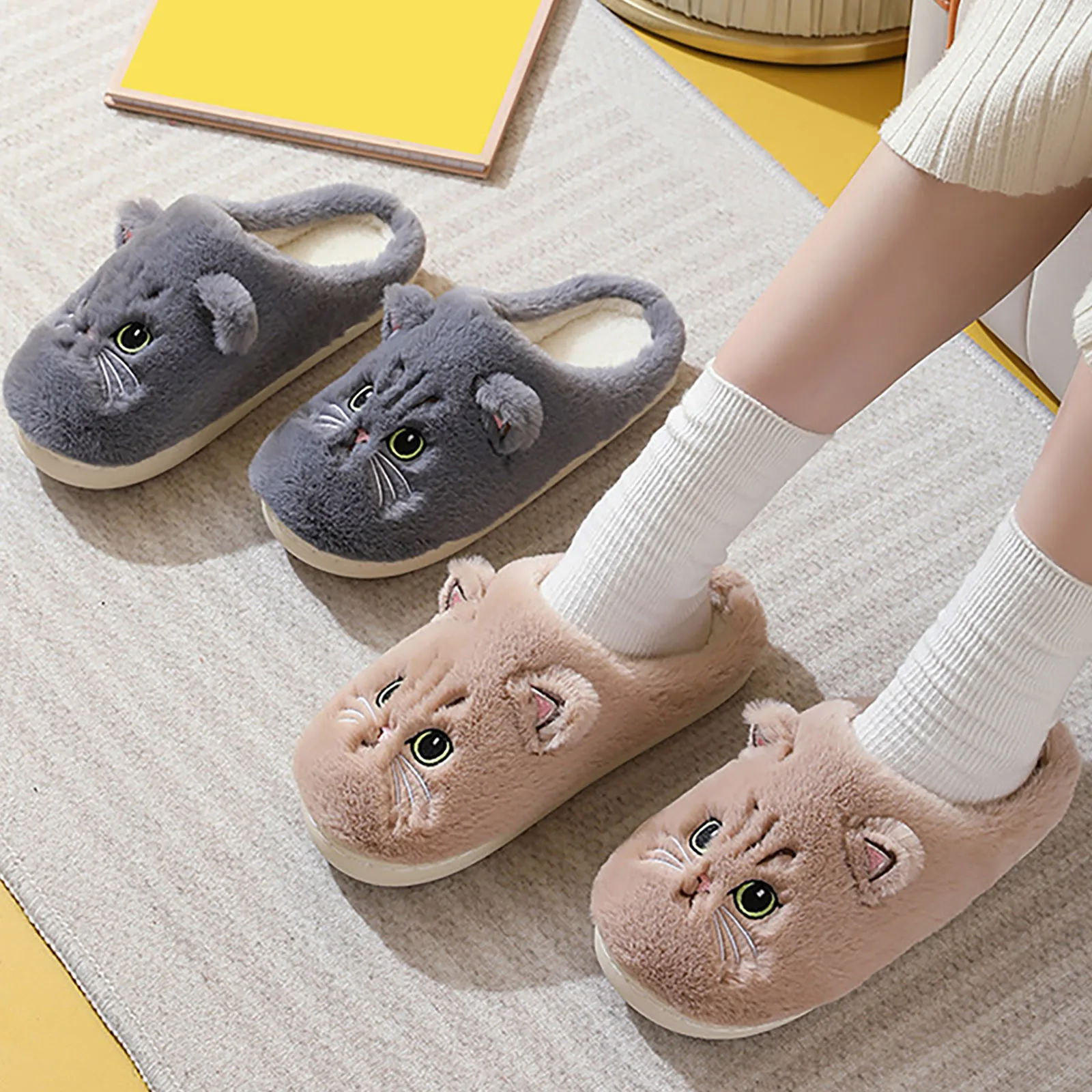 2024 New Cute Cat Slippers Fluffy Furry Women Home Slippers Men Winter Plush Slides Indoor Fuzzy Slippers Lovely Cotton Shoes