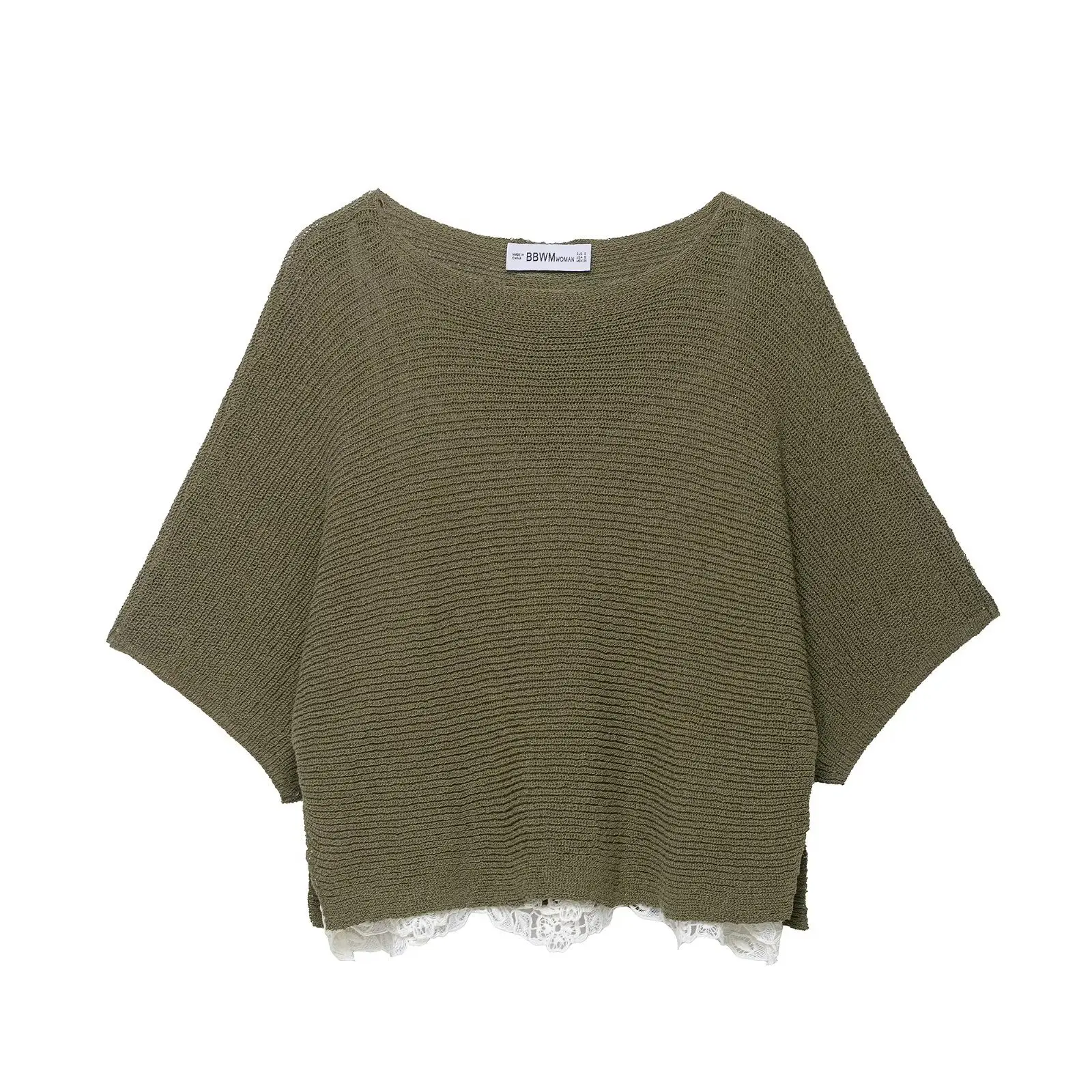 

Women's new fashion lace hem design casual round neck patchwork knitted top retro short sleeved women's pullover chic top