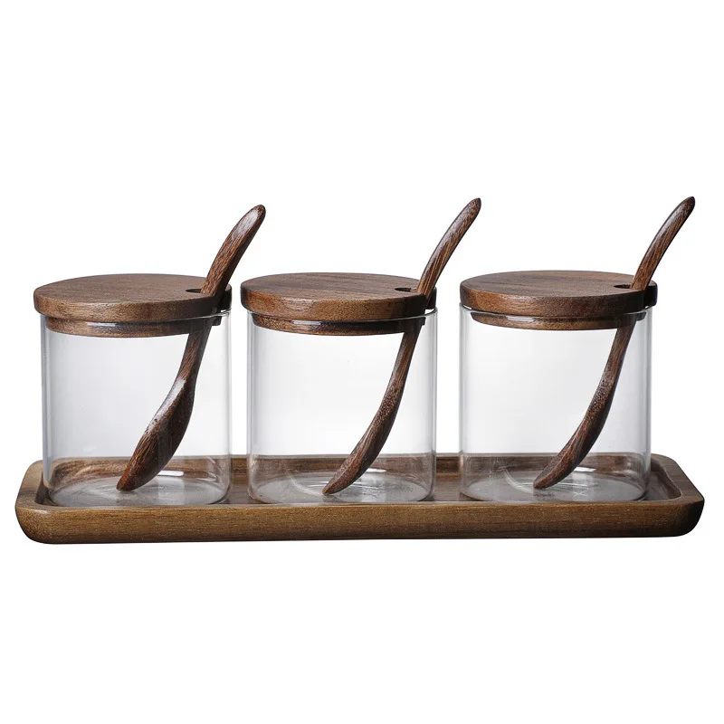 Kitchen Seasoning Jar Pepper Spice Glass Bottle Food Storage Container Grains Sugar Jar with Wooden Lid Kitchen Salt Jars