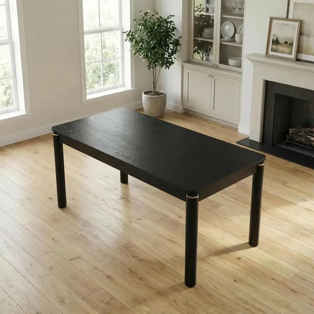 

Современный 63-прямоугольный обеденный стол из массива дерева середины века на 4–6, черный с акцентами с золотыми кольцами