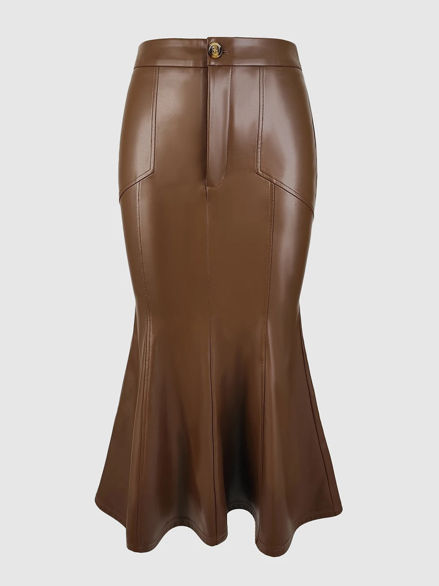 Damen Leder-Midirock Hohe Taille Eleganter Vintage-Meerjungfrauenrock Herbst Winter Braun Schlanker Trompeten-Langrock Bürodamen 2026 – Detail 3