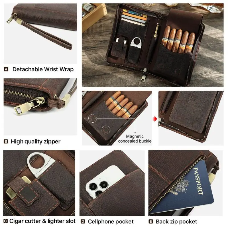 Contact\'s Family Leather Cigar Case with Lighter Cutter Pocket Travel Portable Humidor Box Cigars Accessories Handbag Men Gift